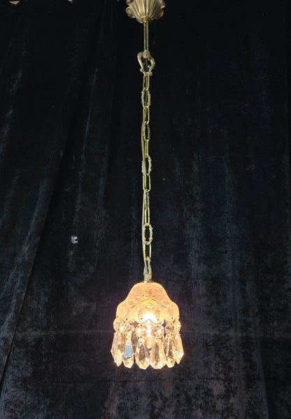 Stunning Petite Cut Glass Crystal Antique Shade Brass Pendant Light Chandelier