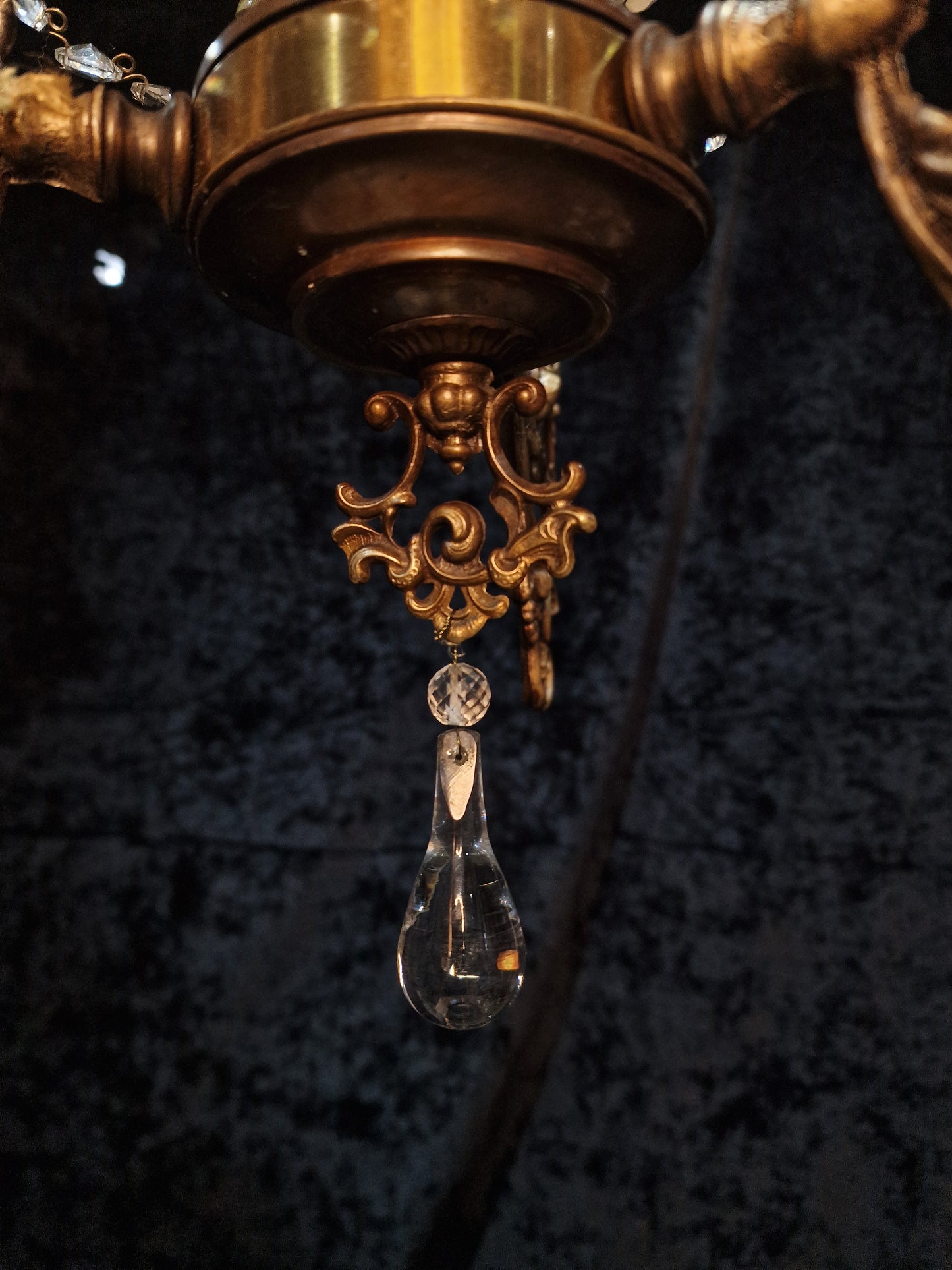 Beautiful Vintage Brass Italian Cherub Flower Caged Crystal Chandelier Light