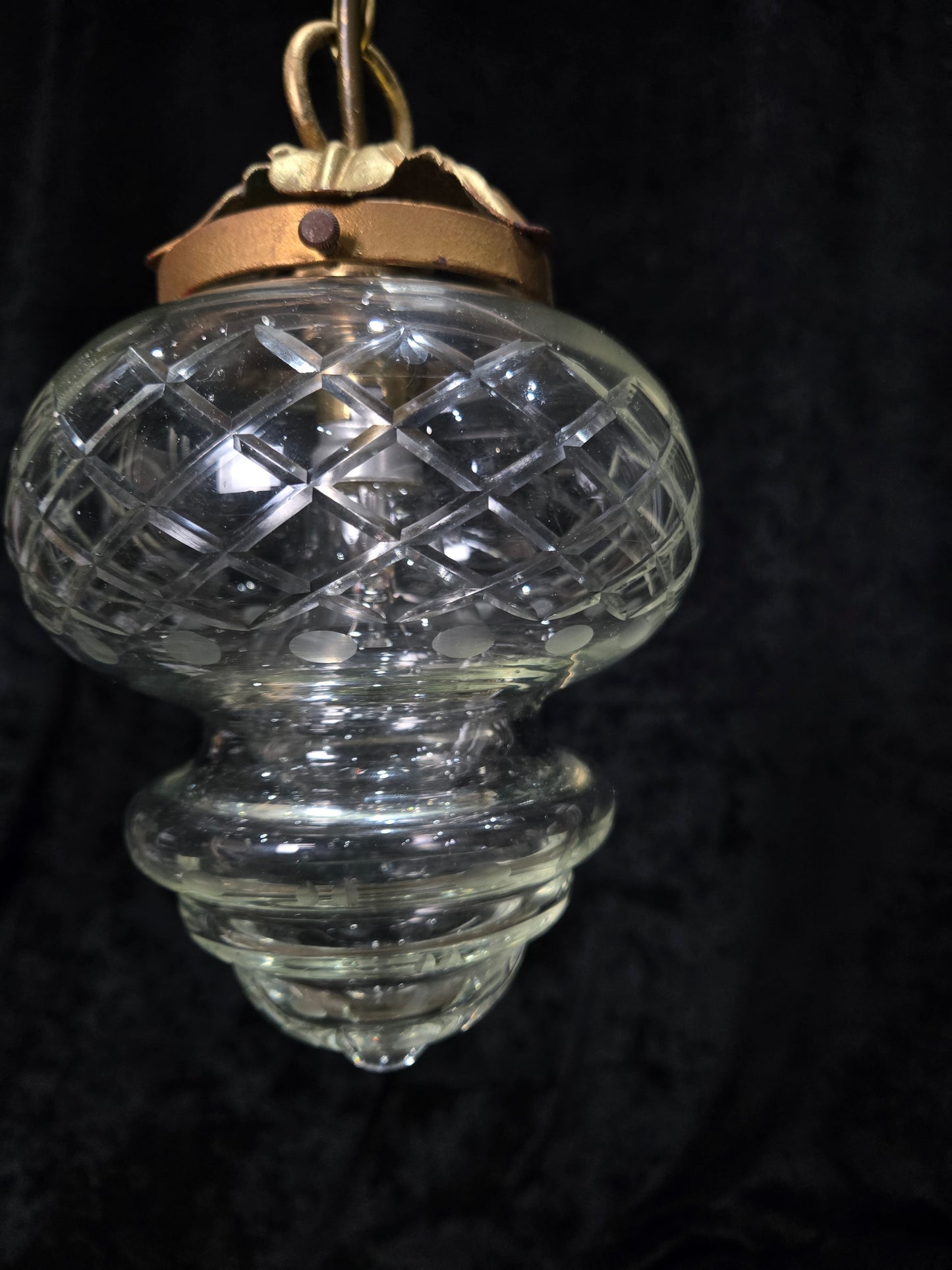 Lovely Vintage Clear Cut Glass Brass Hall Lantern Pendant Light