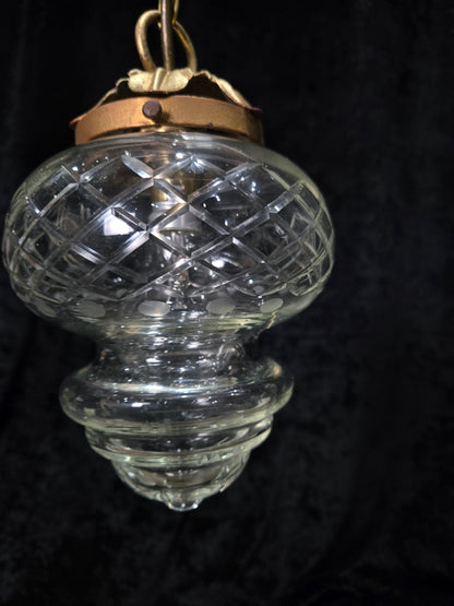 Lovely Vintage Clear Cut Glass Brass Hall Lantern Pendant Light
