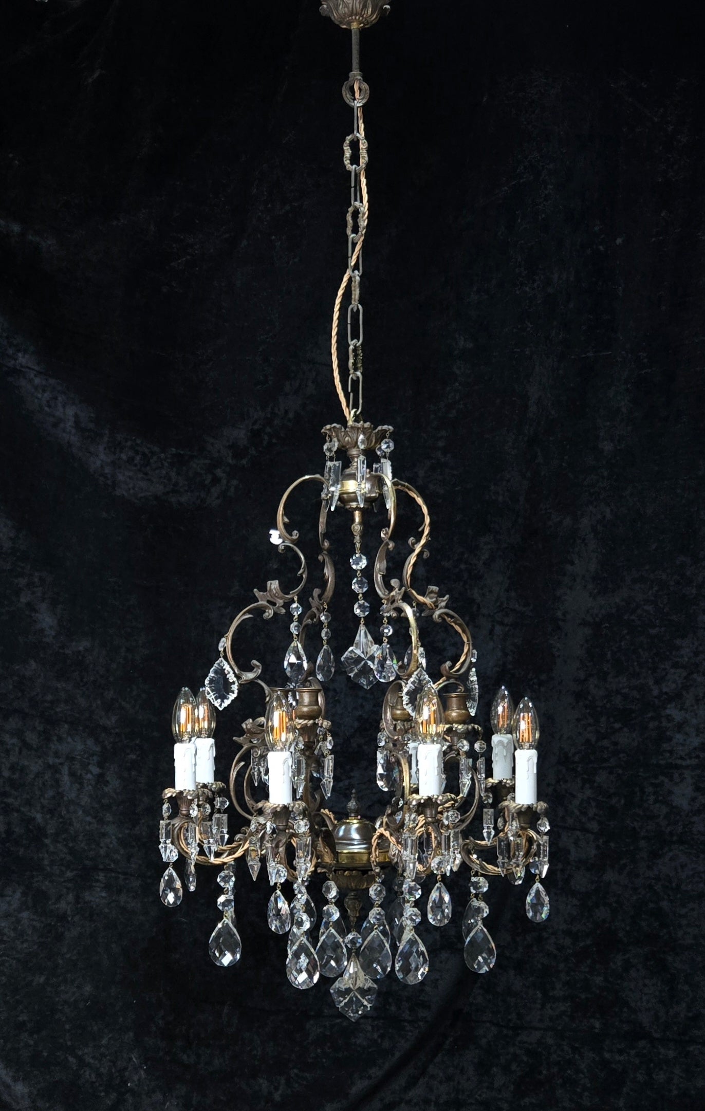 Fabulous Antique Italian 8 Arm 4 Candle Cage Brass Crystal Chandelier Light