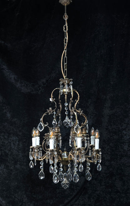 Fabulous Antique Italian 8 Arm 4 Candle Cage Brass Crystal Chandelier Light
