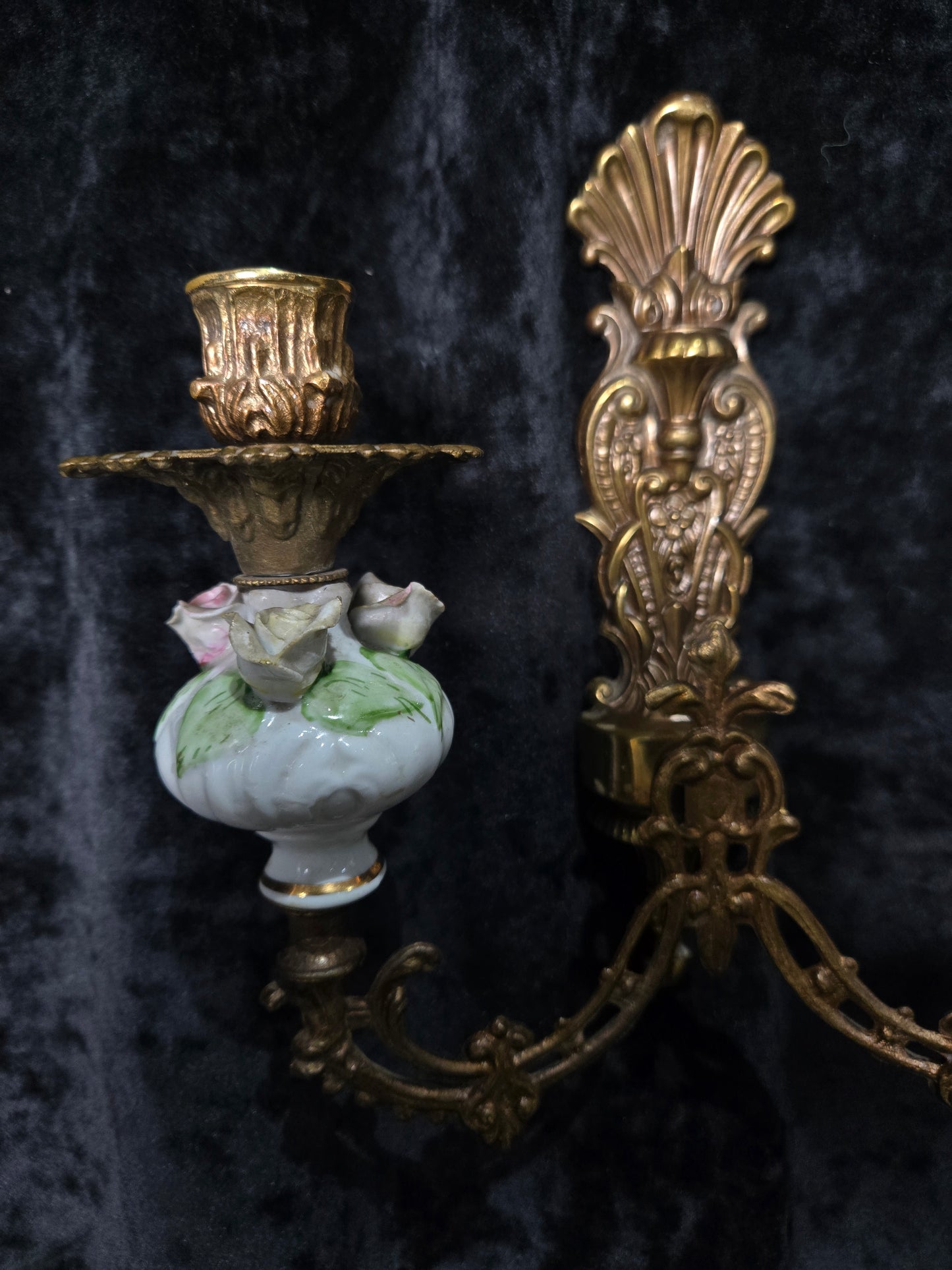 Beautiful Pair Vintage Italian 2 Arm Brass Porcelain Candle Wall Lights Sconces