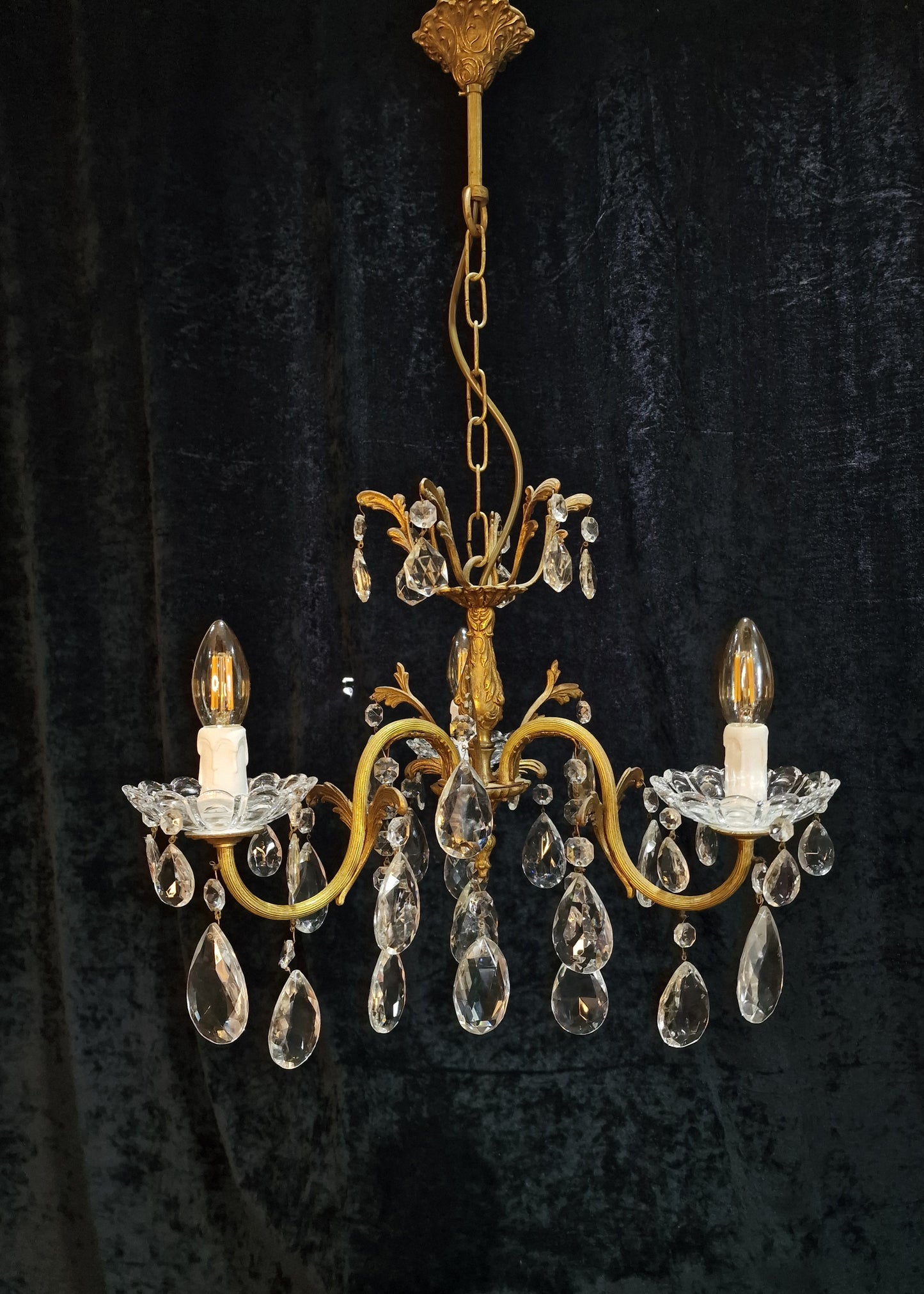 Beautiful Antique French 3 Arm Crystal Brass Leaf Chandelier Ceiling Light