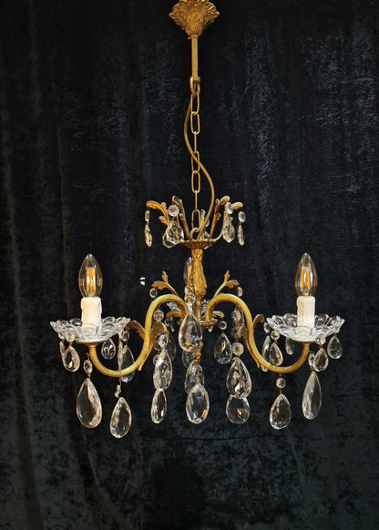 Beautiful Antique French 3 Arm Crystal Brass Leaf Chandelier Ceiling Light