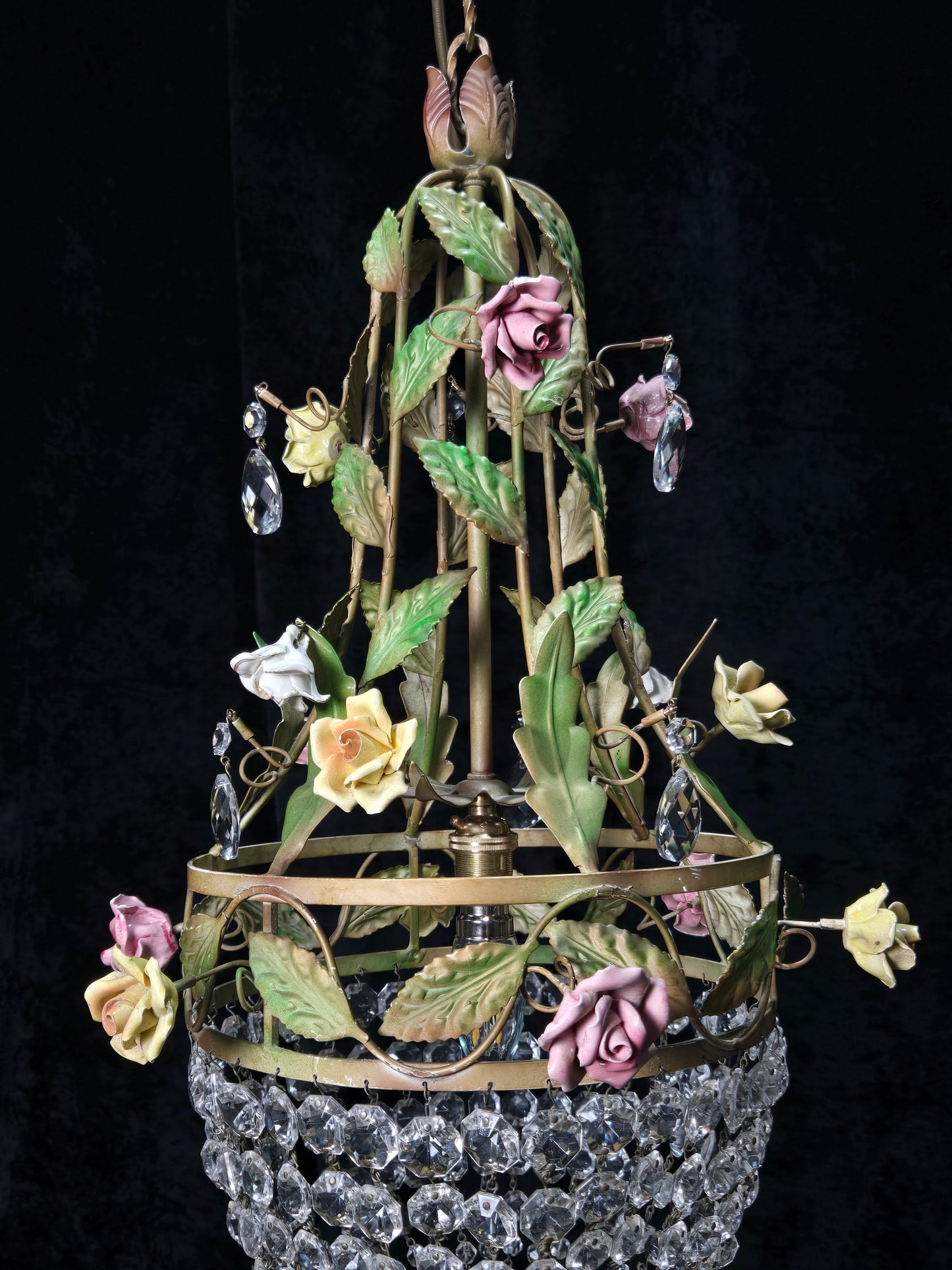 Beautiful Vintage Florentine Italian 1 Light Crystal Roses Toleware Chandelier