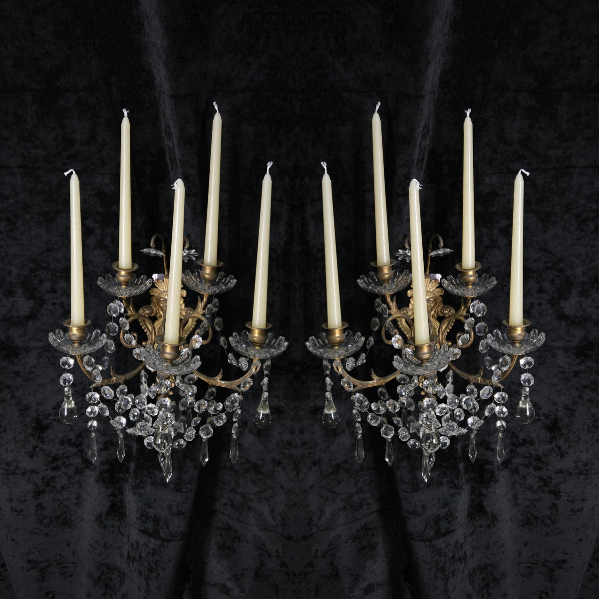 Rare Large Pair 1800s Antique Original Porteiux France Brass Candle Wall Lights