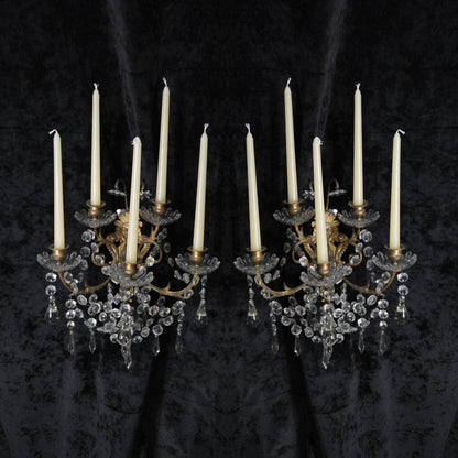 Rare Large Pair 1800s Antique Original Porteiux France Brass Candle Wall Lights