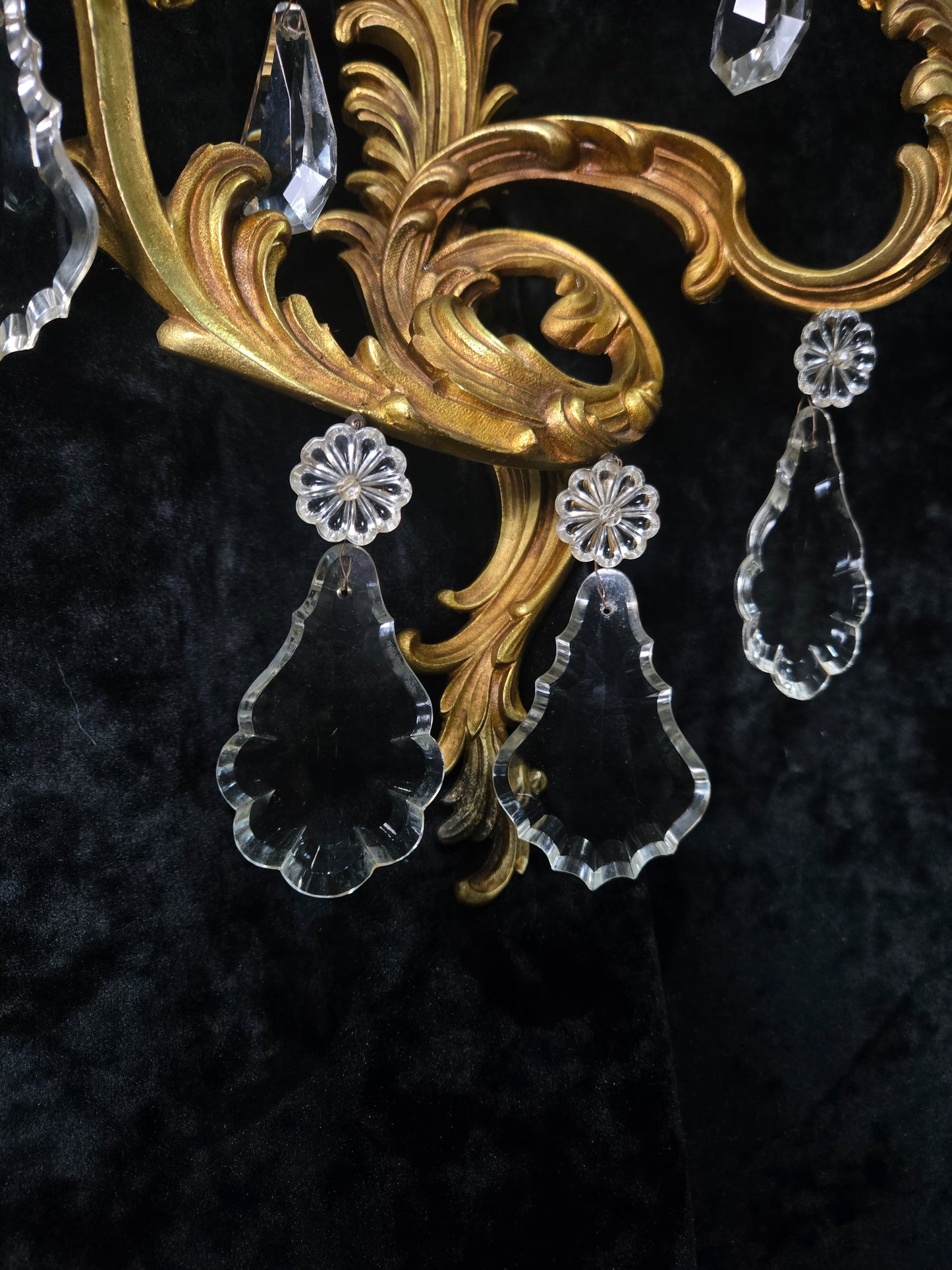 Fabulous Pair Antique French Heavy Gilt Bronze 2 Arm Crystal Candle Wall Lights