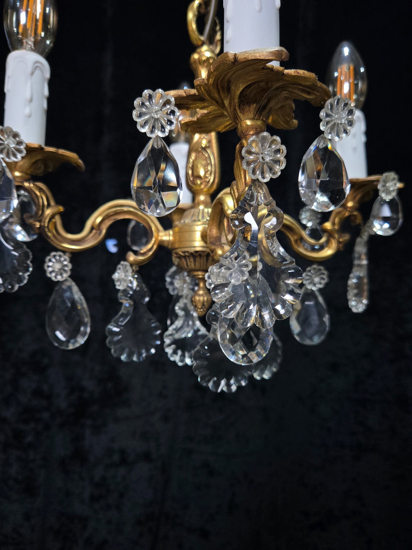 Beautiful Antique Petite French 4 Arm Bronze Brass Crystal Chandelier Light