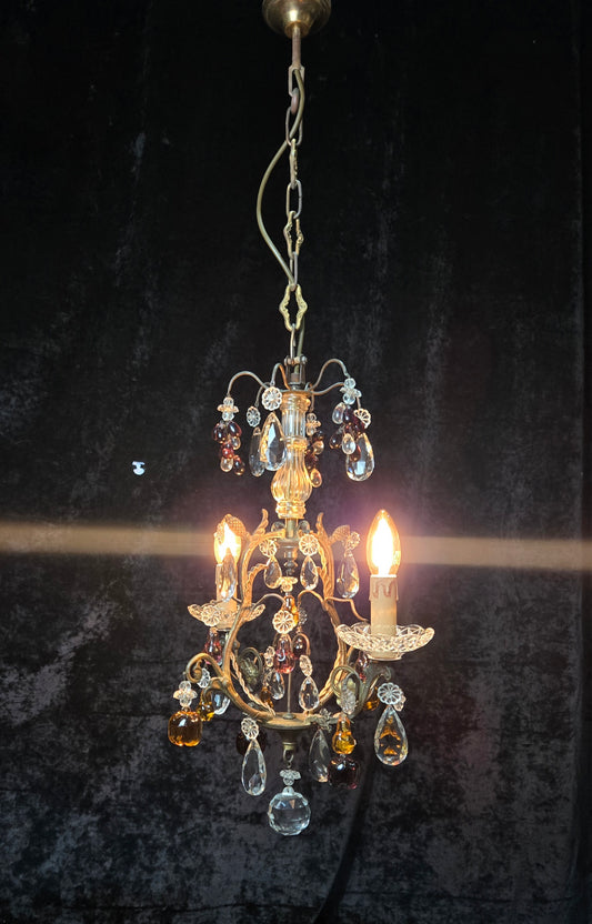 Exquisite Antique French 2 Arm Caged Murano Crystal Brass Chandelier Light