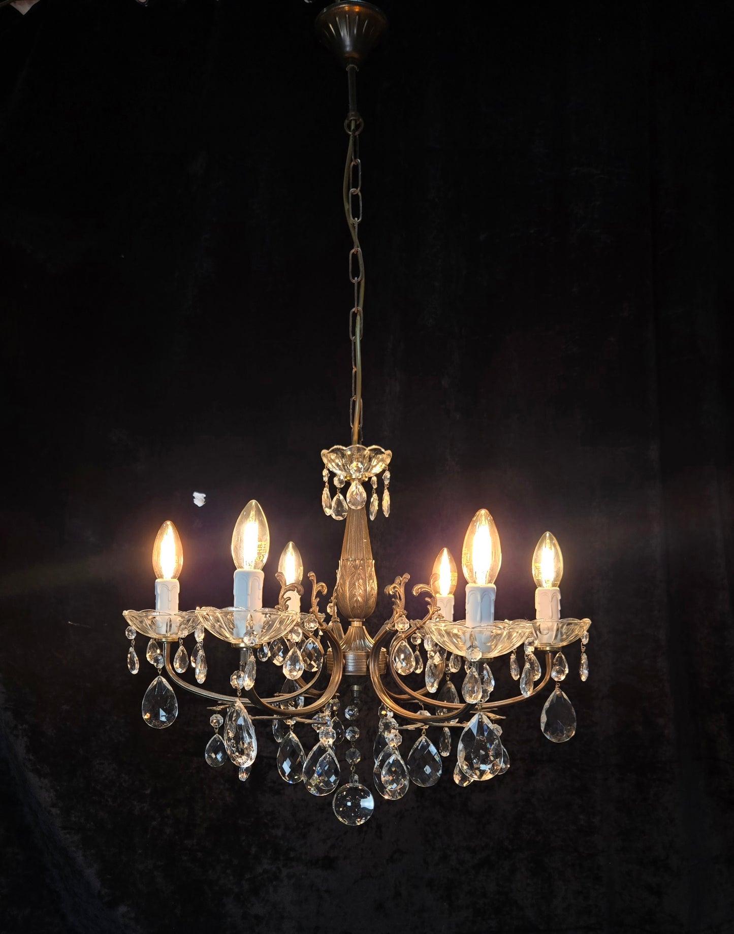 Beautiful Vintage Italian 6 Arm Brass Glass Crystal Chandelier Ceiling Light