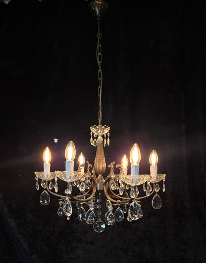 Beautiful Vintage Italian 6 Arm Brass Glass Crystal Chandelier Ceiling Light