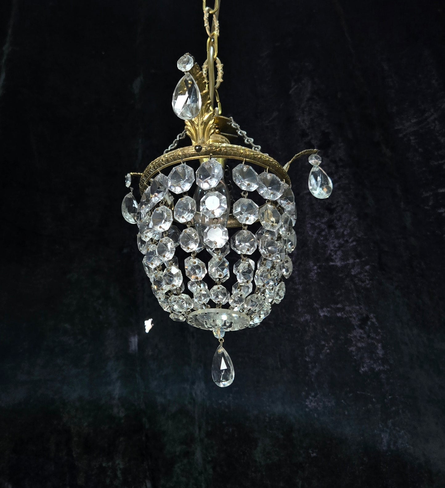 Petite Vintage French Crystal Half Bag Brass 1 Light Leaf Chandelier Light