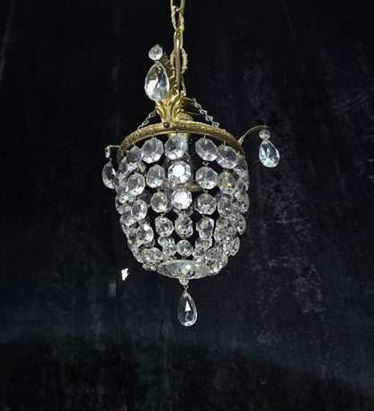 Petite Vintage French Crystal Half Bag Brass 1 Light Leaf Chandelier Light