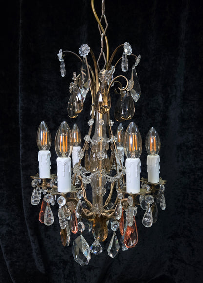 Beautiful Antique Italian 6 Arm Brass Crystal Cage Chandelier Ceiling Light