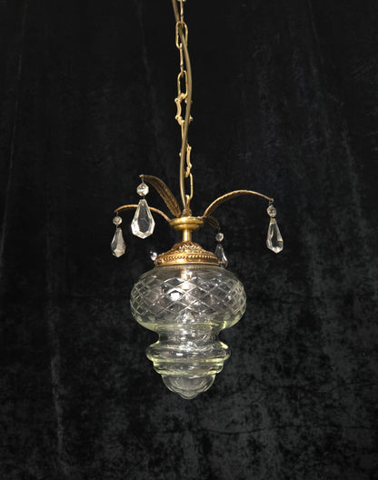Lovely Vintage Clear Cut Glass Brass Crystal Leaf Hall Lantern Pendant Light