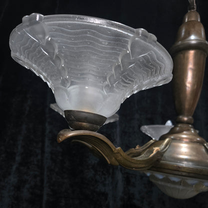 Large Antique French EZAN Art Deco 5 Arm 6 Light Brass Heavy Chandelier Light