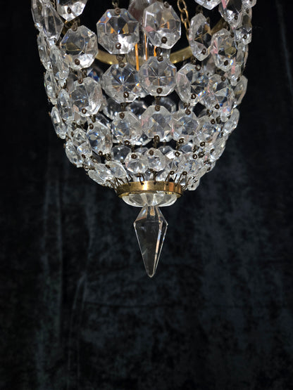 Petite Antique French Crystal Half Bag Brass 1 Light Chandelier Ceiling Light