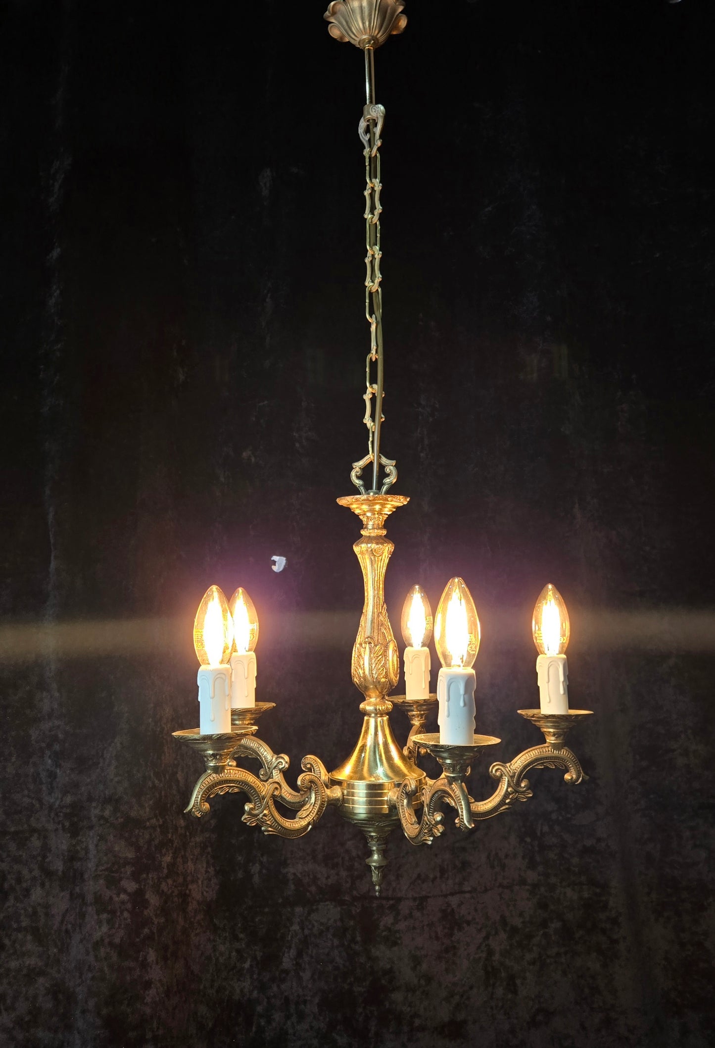 Classical Vintage French 5 Arm Brass Rococo Style Chandelier Ceiling Light
