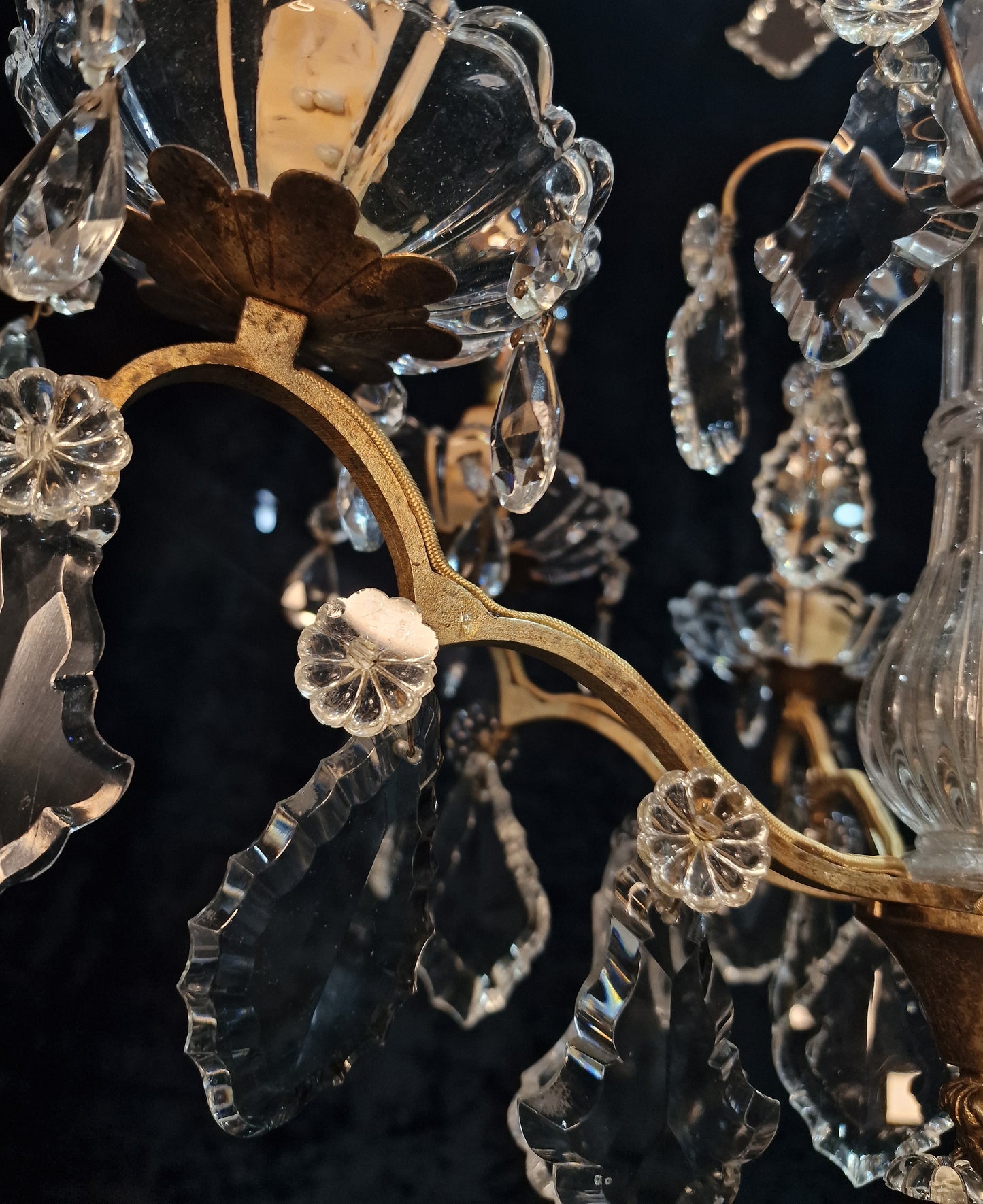 Gorgeous Antique French 6 Arm 2 Tier Brass and Crystal Chandelier Ceiling Light