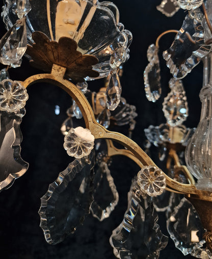 Gorgeous Antique French 6 Arm 2 Tier Brass and Crystal Chandelier Ceiling Light