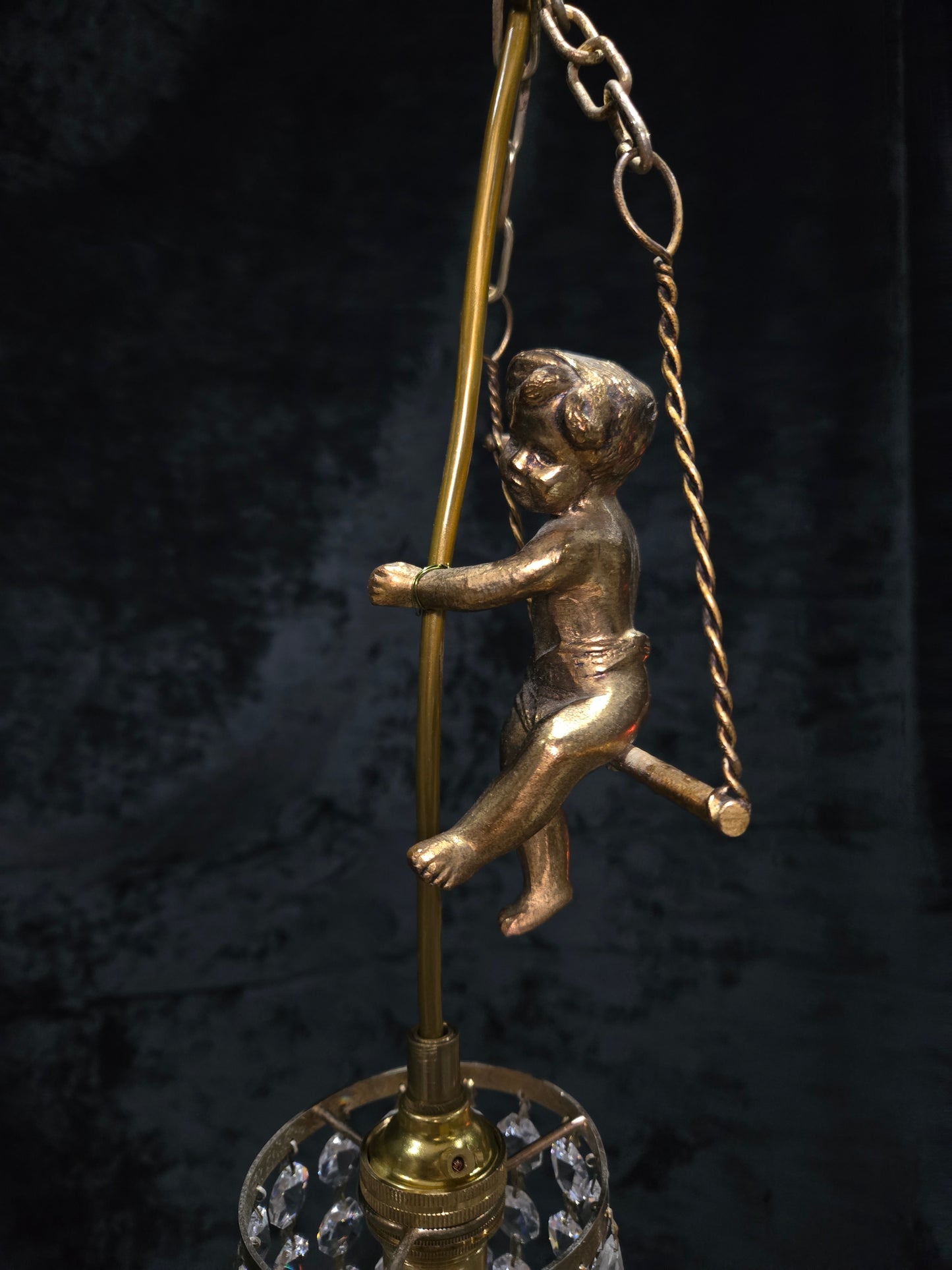 Beautiful Petite Vintage French Brass Cherub Crystal Chandelier Ceiling Light