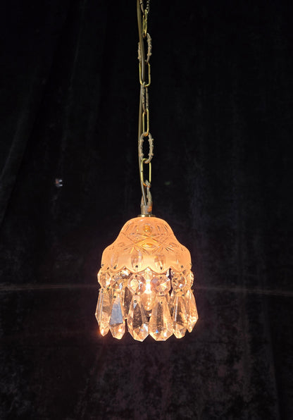 Beautiful Petite Cut Glass Crystal Antique Shade Brass Pendant Light Chandelier