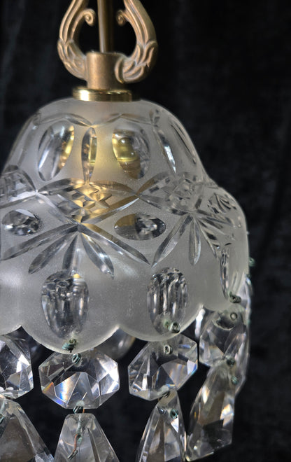 Stunning Petite Cut Glass Crystal Antique Shade Brass Pendant Light Chandelier