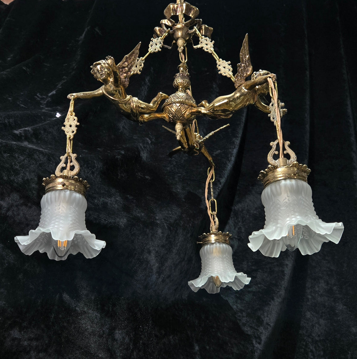 Fabulous Vintage French 3 Light Cherub Brass and Spelter Chandelier with Shades