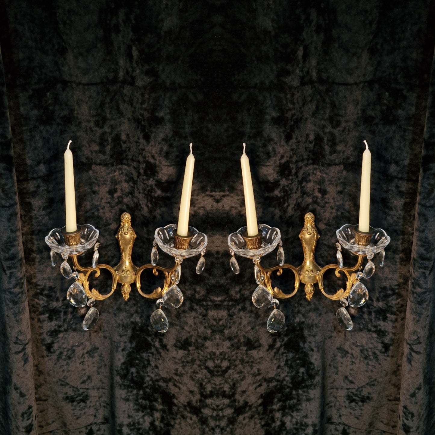 Elegant Pair Antique French 2 Arm Leaf Candle Crystal Brass Wall Lights Sconces