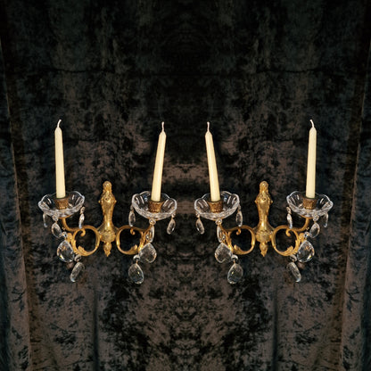 Elegant Pair Antique French 2 Arm Leaf Candle Crystal Brass Wall Lights Sconces