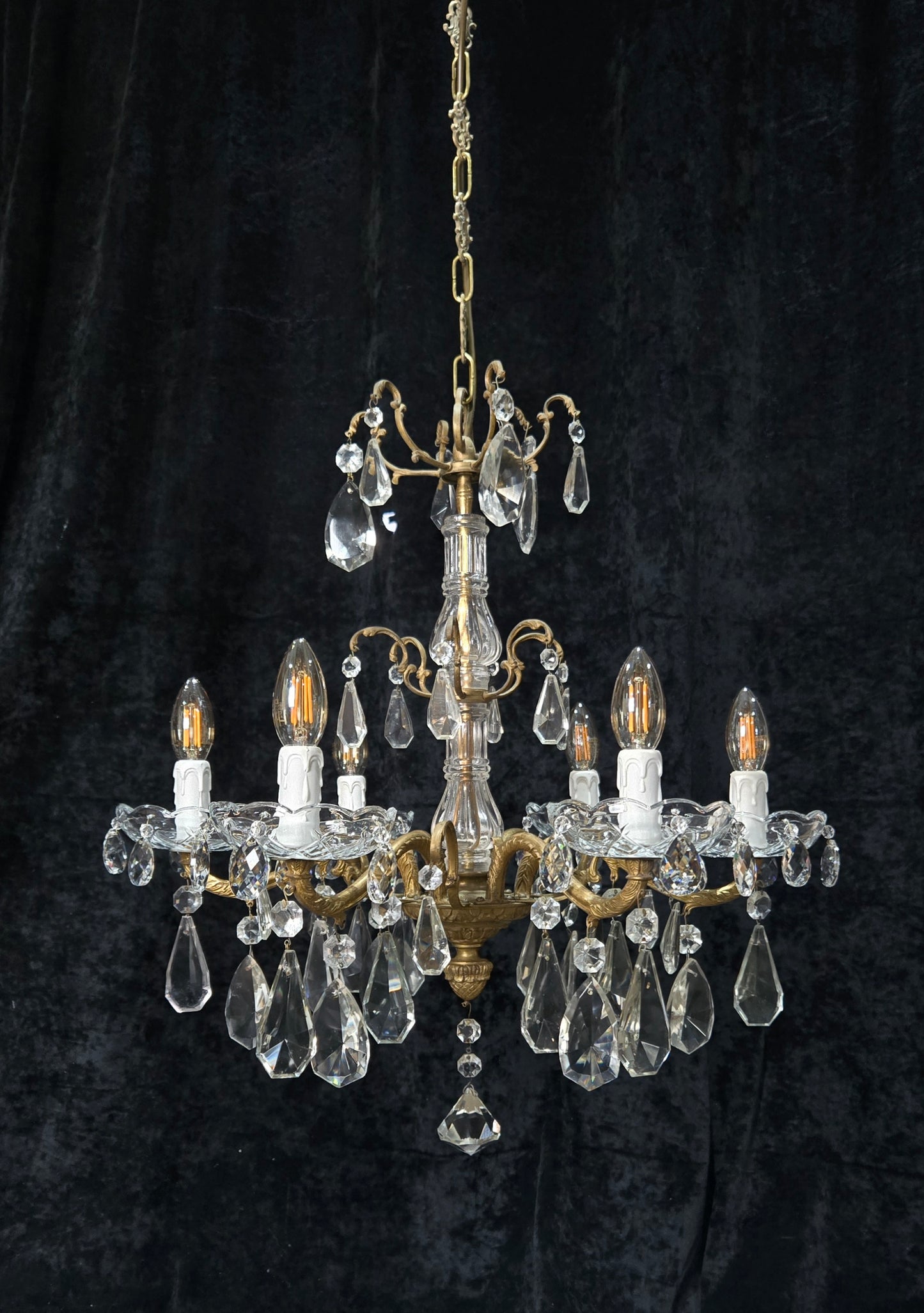 Fabulous Antique French 6 Arm Brass 2 Tier Crystal Chandelier Ceiling Light