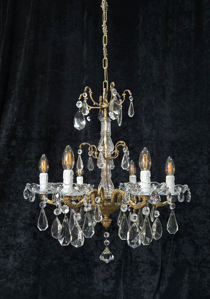 Fabulous Antique French 6 Arm Brass 2 Tier Crystal Chandelier Ceiling Light