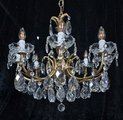 Beautiful Vintage Italian 8 Arm Brass Crystal Leaf Chandelier Ceiling Light