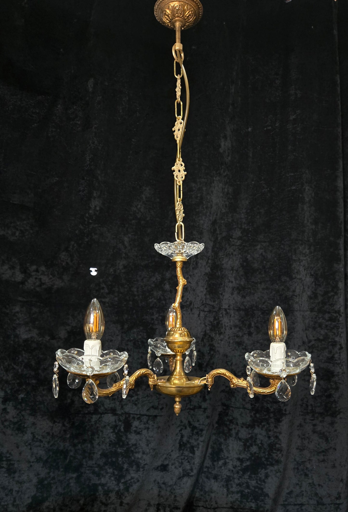 Lovely Vintage French 3 Arm Brass Foliage Crystal Chandelier Ceiling Light