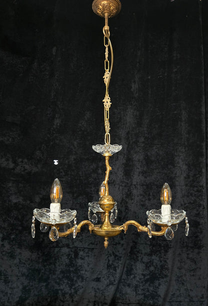 Lovely Vintage French 3 Arm Brass Foliage Crystal Chandelier Ceiling Light