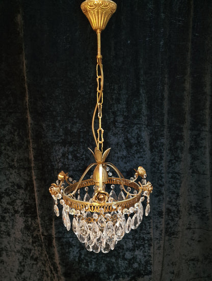 Lovely Vintage French Metal 1 Light Crystal Glass 3 Tier Waterfall Roses Chandelier
