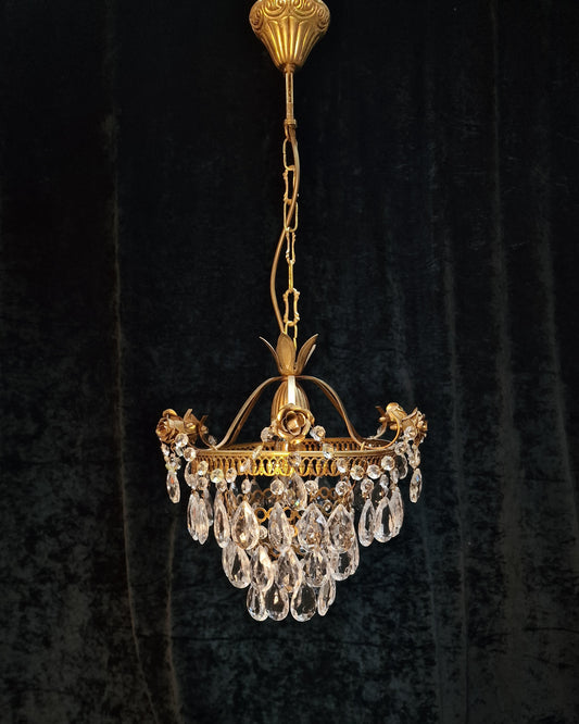 Lovely Vintage French Metal 1 Light Crystal Glass 3 Tier Waterfall Roses Chandelier