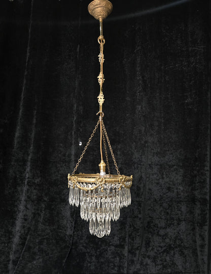 Fabulous Antique French Empire Style Brass Crystal Bows Chandelier Ceiling Light