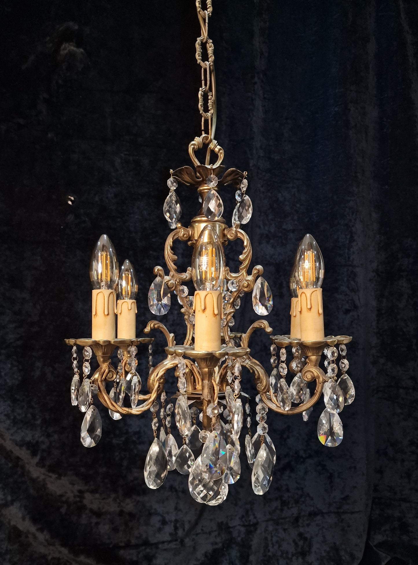 Beautiful Vintage French 6 Arm Brass Caged Crystal Chandelier Ceiling Light