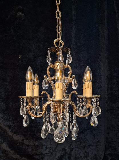 Beautiful Vintage French 6 Arm Brass Caged Crystal Chandelier Ceiling Light