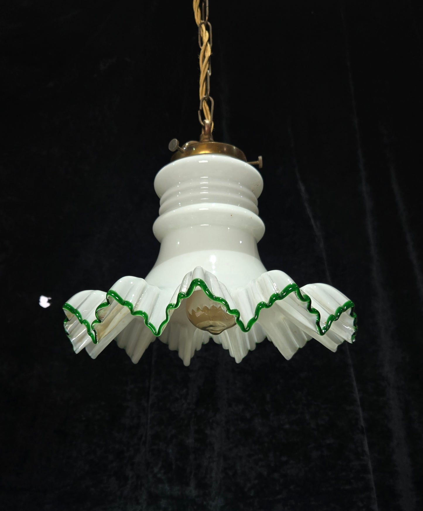 Fabulous Antique French Large Opaline Glass Shade Green Edging Brass Light