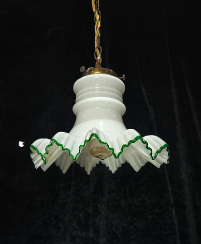 Fabulous Antique French Large Opaline Glass Shade Green Edging Brass Light