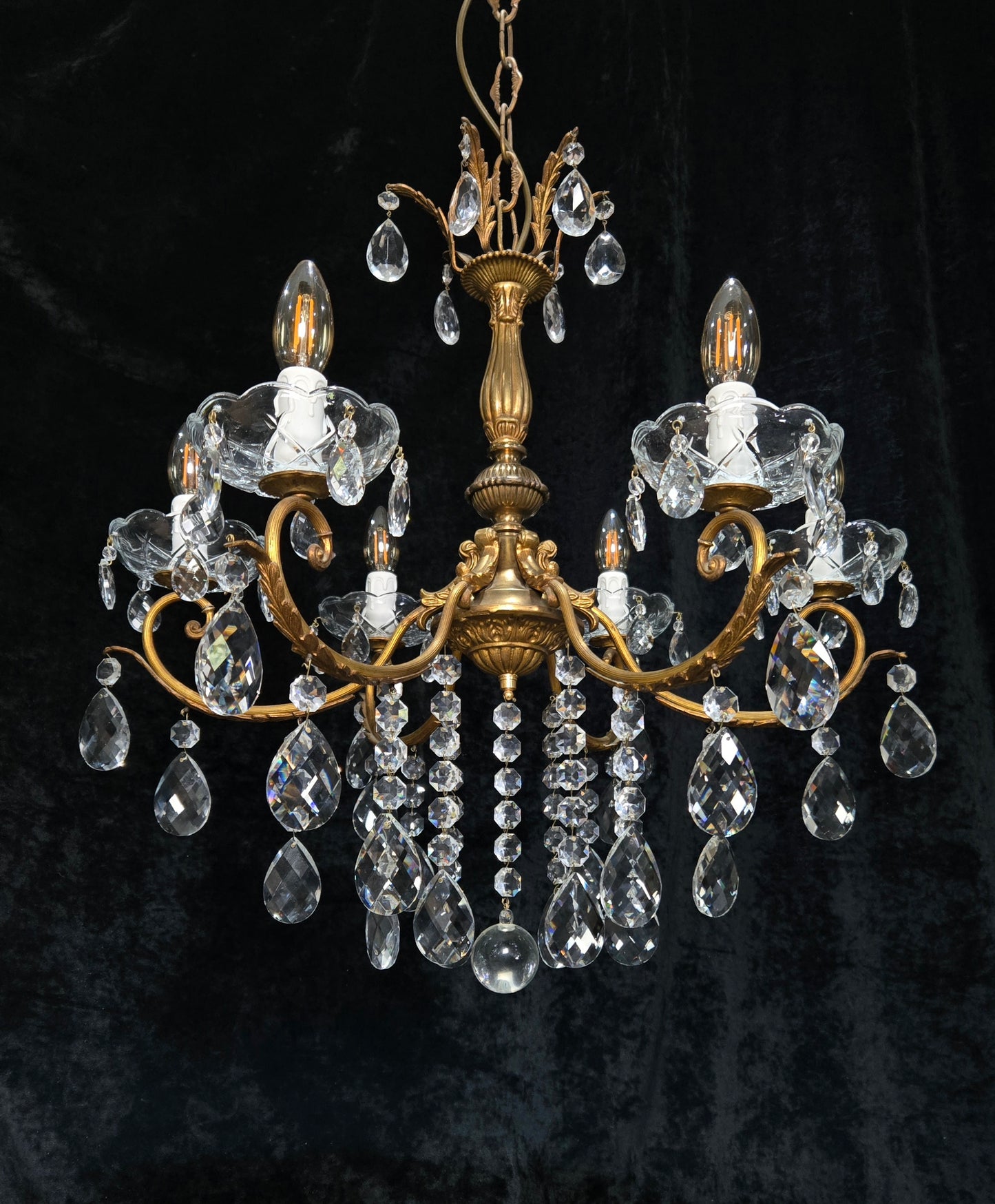 Gorgeous Heavy Vintage Italian 6 Arm Brass Leaf Crystal Chandelier Ceiling Light