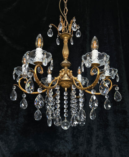 Gorgeous Heavy Vintage Italian 6 Arm Brass Leaf Crystal Chandelier Ceiling Light