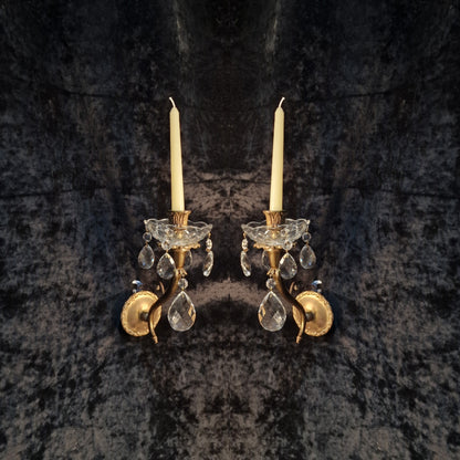 Elegant Pair Vintage Italian 1 Arm Crystal Brass Candle Wall Lights Sconces