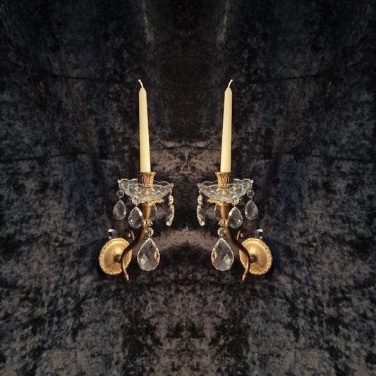 Elegant Pair Vintage Italian 1 Arm Crystal Brass Candle Wall Lights Sconces