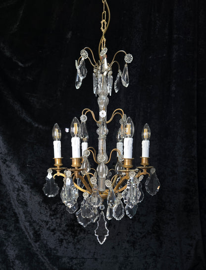 Traditional Tall Antique French 6 Arm Brass Crystal 3 Tier Chandelier Light