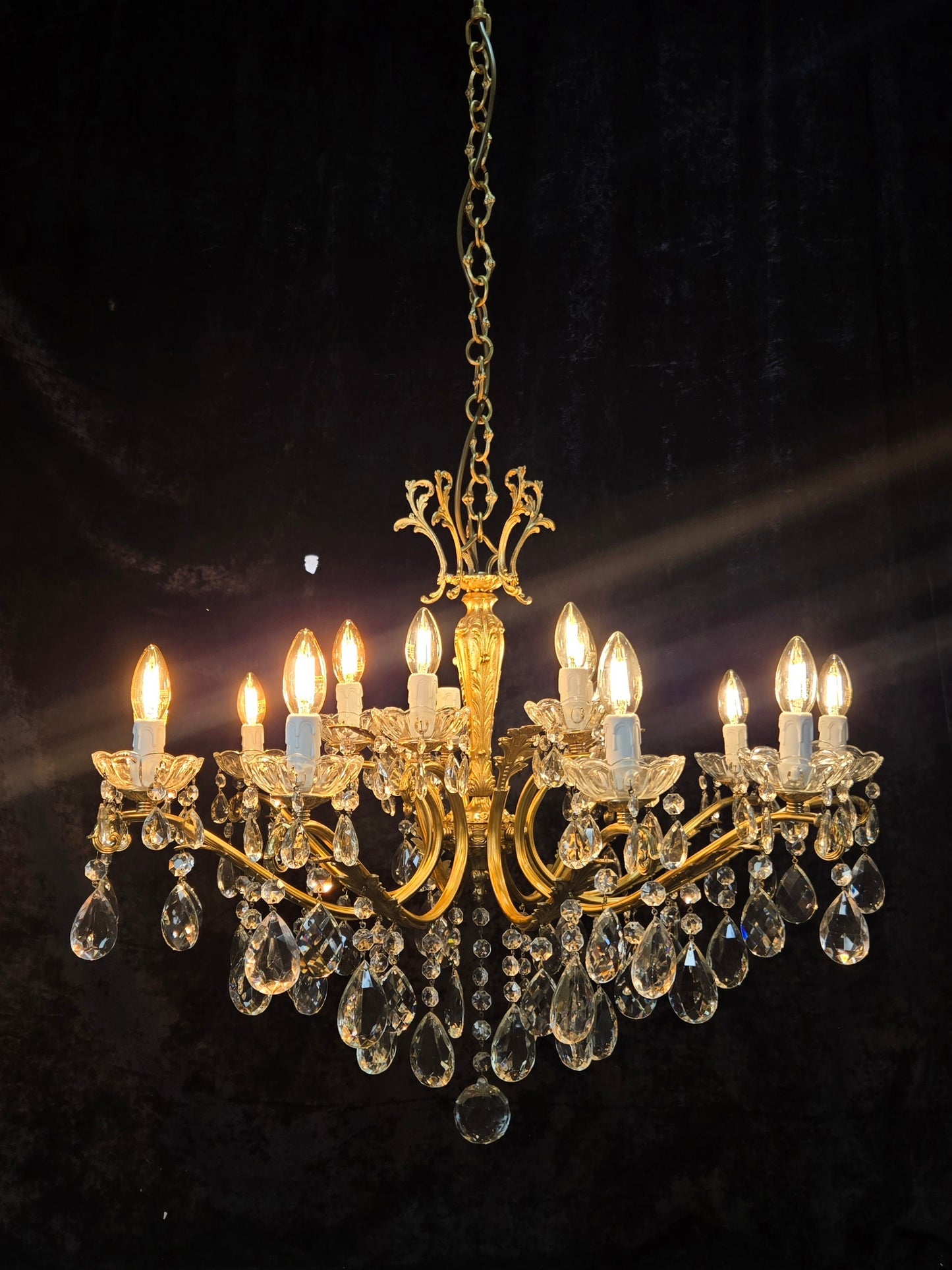 Fabulous Large Vintage Italian Heavy 10 Arm 15 Light Brass Crystal Chandelier